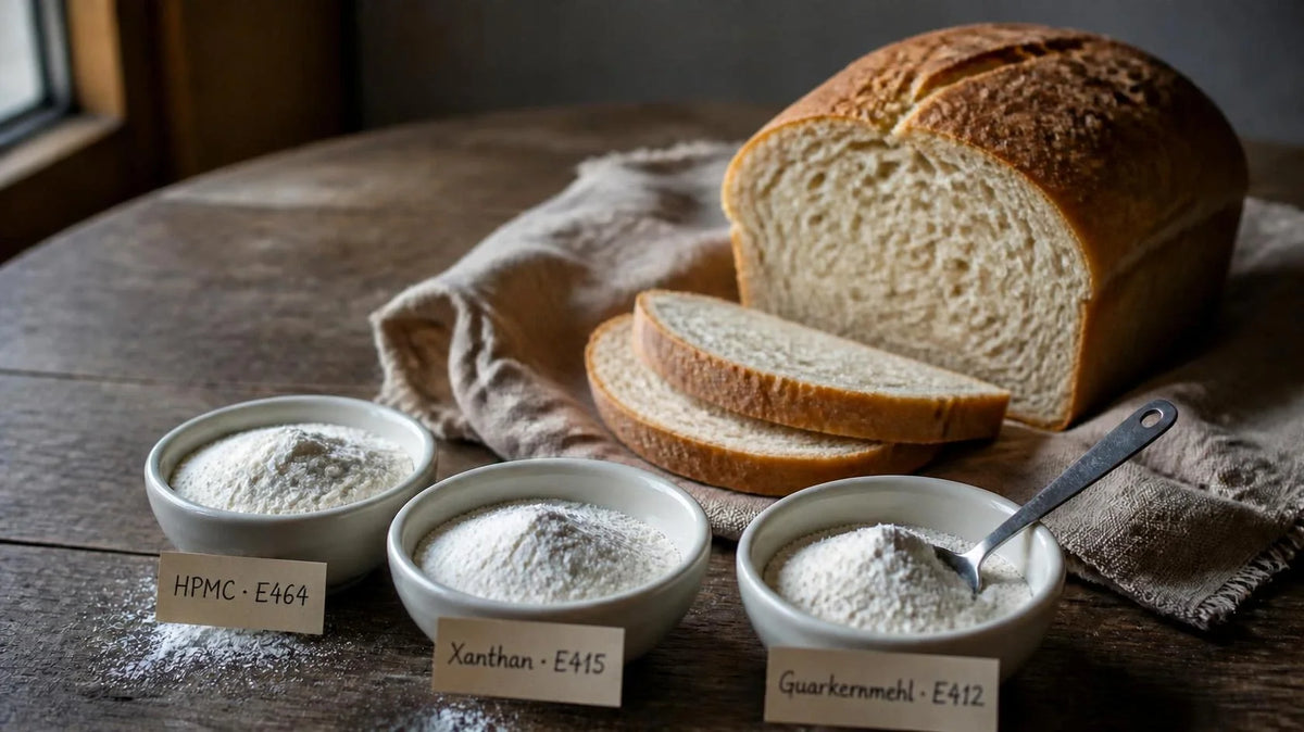 Geschnittenes glutenfreies Brot auf Leinen, davor drei Schälchen mit weißem Pulver, beschriftet mit HPMC E464, Xanthan E415 und Guarkernmehl E412
