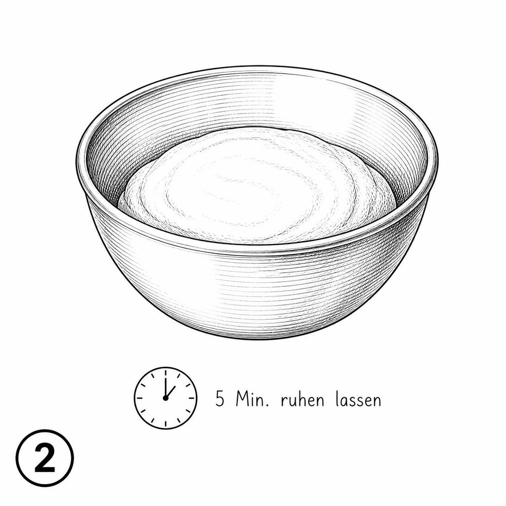 Illustration Schritt 2 der Backanleitung für broat® Pizza. Glutenfreie Pizza.: glutenfreien Pizzateig in der Schüssel 5 Minuten ruhen lassen