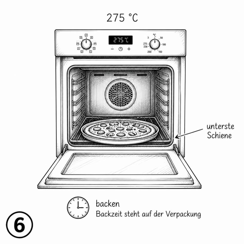 Illustration Schritt 6 der Backanleitung für broat® Pizza. Glutenfreie Pizza.: glutenfreie Pizza bei 275 °C auf der untersten Schiene backen, die Backzeit steht auf der Verpackung