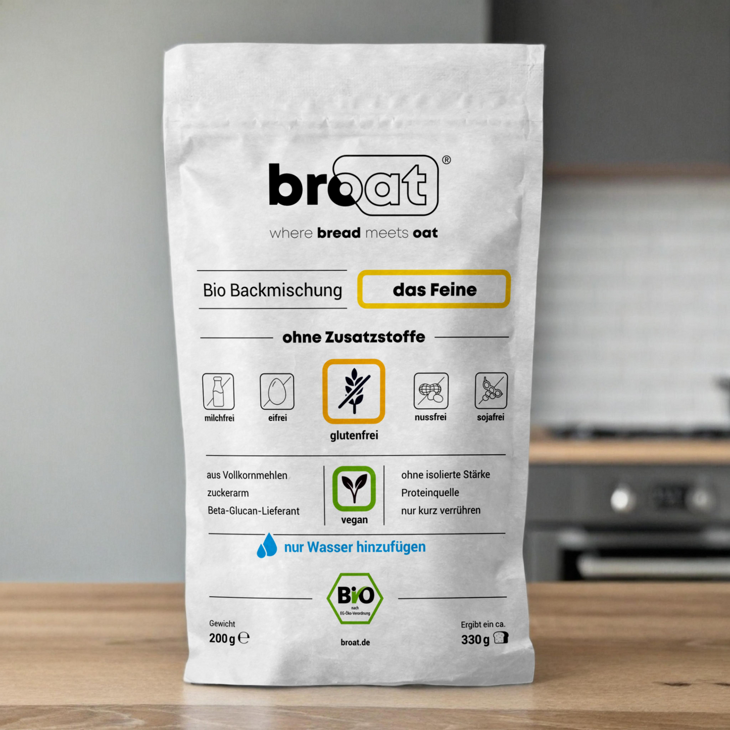Glutenfreie Bio Backmischung Broat® – perfekt für Brot im Weckglas gebacken, ohne Zusatzstoffe, ballaststoffreich, zuckerarm und ideal für Single-Haushalte. Abgebildet in der Produktverpackung als das Feine