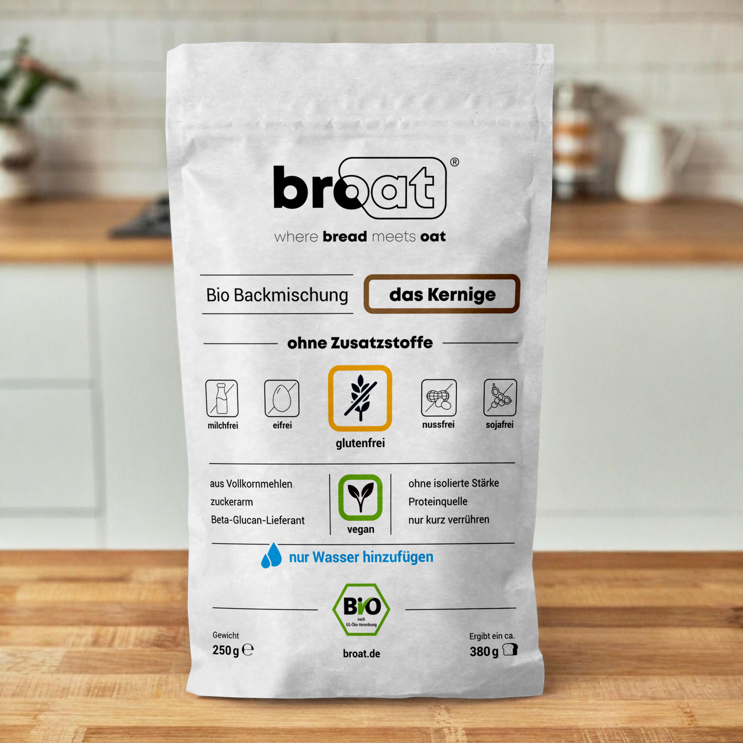 Glutenfreie Bio Backmischung Broat® – perfekt für Brot im Weckglas gebacken, ohne Zusatzstoffe, ballaststoffreich, zuckerarm und ideal für Single-Haushalte. Abgebildet in der Produktverpackung als das Feine
