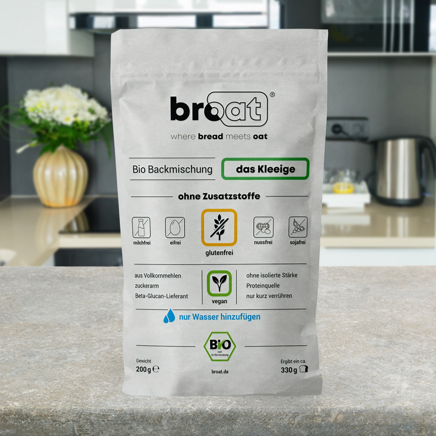 Glutenfreie Bio Backmischung Broat® – perfekt für Brot im Weckglas gebacken, ohne Zusatzstoffe, ballaststoffreich, zuckerarm und ideal für Single-Haushalte. Abgebildet in der Produktverpackung als das Kleeige