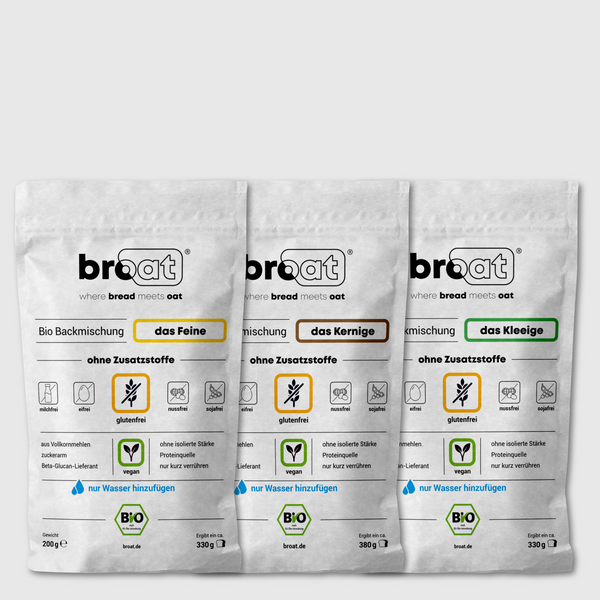 Glutenfreie Bio Backmischung Broat® – perfekt für Brot im Weckglas gebacken, ohne Zusatzstoffe, ballaststoffreich, zuckerarm und ideal für Single-Haushalte. Abgebildet in der Produktverpackung als All Pack glutenfrei