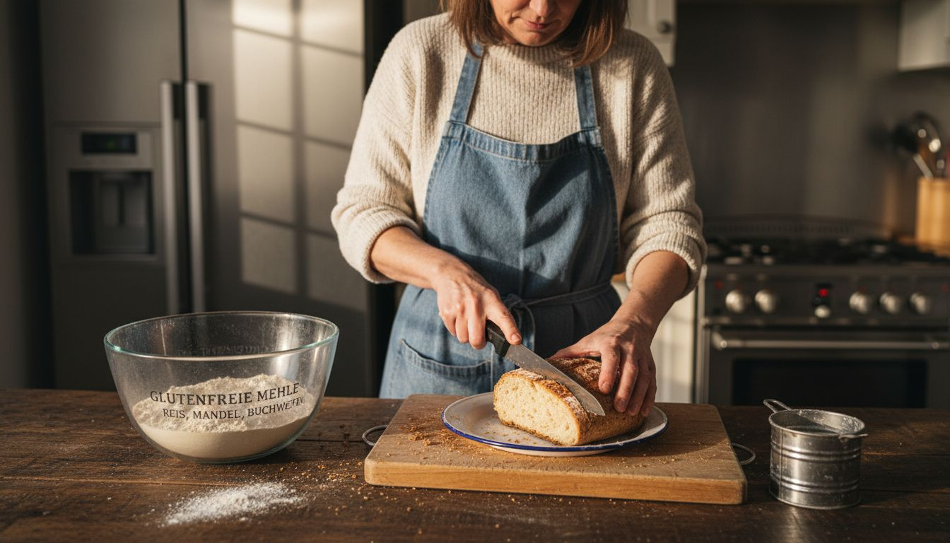 Eine Frau schneidet in ihrer Küche frisches glutenfreies Brot auf.