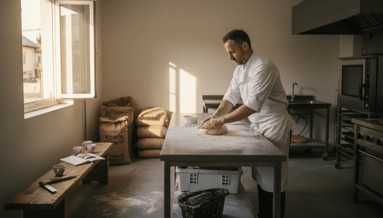 In der Backstube bereitet der Bäcker einen glutenfreien Teig vor und bringt ihn in die richtige Form.
