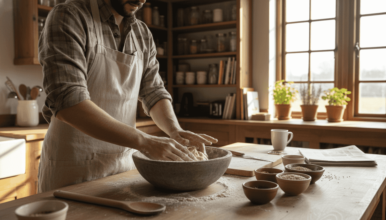In einer lichtdurchfluteten Küche verarbeitet ein Bäcker mit viel Sorgfalt glutenfreien Bio-Teig für frisches Brot.