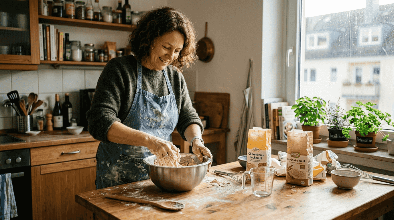 Eine Frau bereitet in ihrer Küche einen glutenfreien Teig zu und vermischt die Zutaten sorgfältig in einer Schüssel.