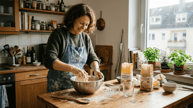 Eine Frau bereitet in ihrer Küche einen glutenfreien Teig zu und vermischt die Zutaten sorgfältig in einer Schüssel.