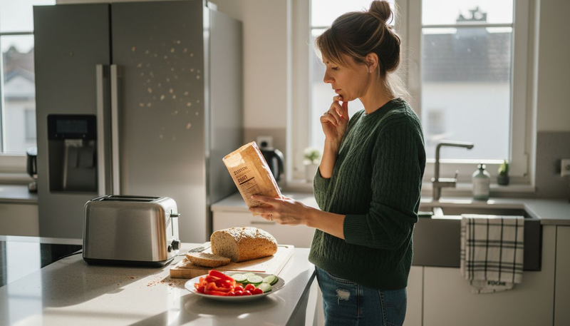 Eine Frau überprüft in ihrer Küche sorgfältig die Zutaten auf Gluten.