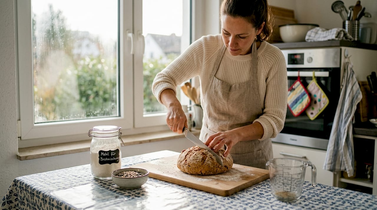 Eine Frau schneidet gerade ein frisch gebackenes, glutenfreies Brot an.