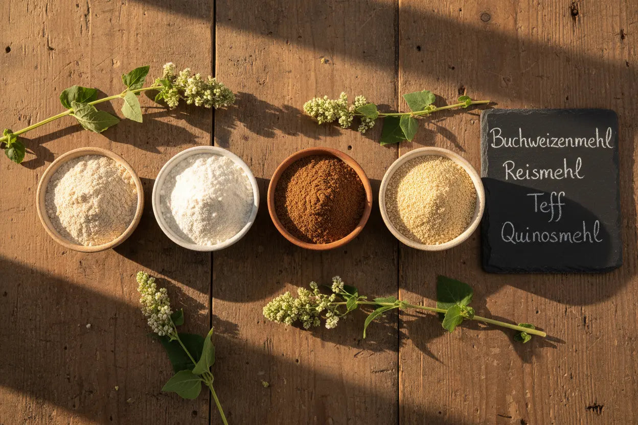 Verschiedene glutenfreie Mehle als Haferersatz: Buchweizen, Hirse und Teff