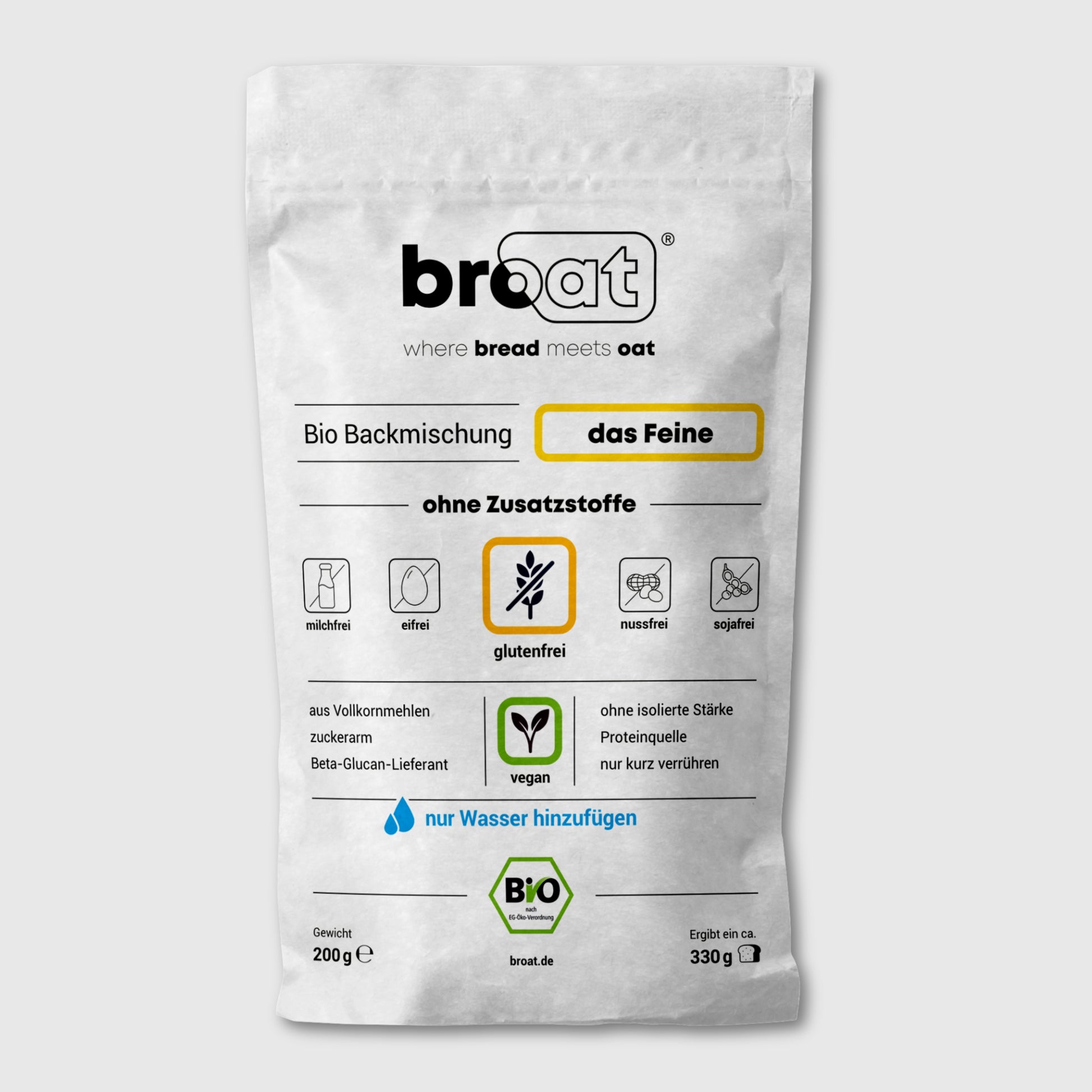 Glutenfreie Bio Backmischung Broat® – perfekt für Brot im Weckglas gebacken, ohne Zusatzstoffe, ballaststoffreich, zuckerarm und ideal für Single-Haushalte. Abgebildet in der Produktverpackung als das Feine