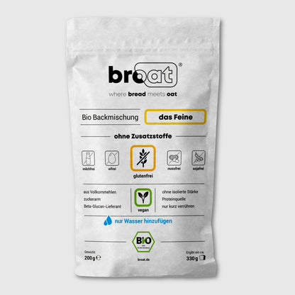 Glutenfreie Bio Backmischung Broat® – perfekt für Brot im Weckglas gebacken, ohne Zusatzstoffe, ballaststoffreich, zuckerarm und ideal für Single-Haushalte. Abgebildet in der Produktverpackung als das Feine