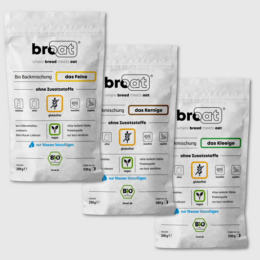 Glutenfreie Bio Backmischung Broat® – perfekt für Brot im Weckglas gebacken, ohne Zusatzstoffe, ballaststoffreich, zuckerarm und ideal für Single-Haushalte. Abgebildet in der Produktverpackung als All Pack Set mit 3 Sorten.