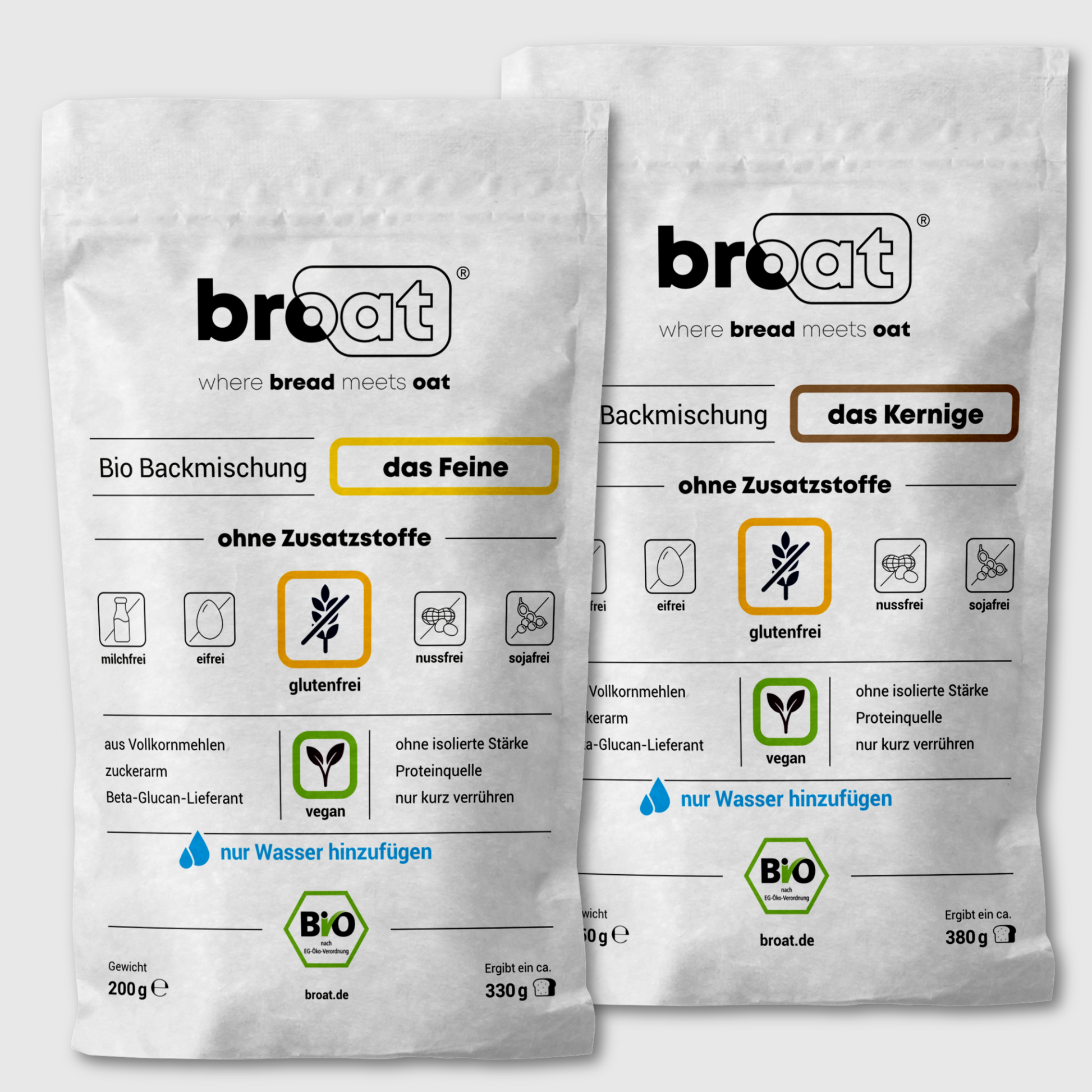 Glutenfreie Bio Backmischung Broat® – perfekt für Brot im Weckglas gebacken, ohne Zusatzstoffe, ballaststoffreich, zuckerarm und ideal für Single-Haushalte. Abgebildet in der Produktverpackung als Taste Pack Set mit 2 Sorten.