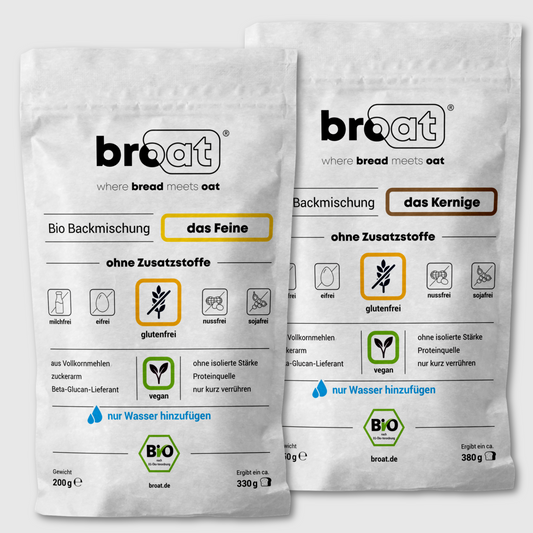 Glutenfreie Bio Backmischung Broat® – perfekt für Brot im Weckglas gebacken, ohne Zusatzstoffe, ballaststoffreich, zuckerarm und ideal für Single-Haushalte. Abgebildet in der Produktverpackung als Taste Pack Set mit 2 Sorten.