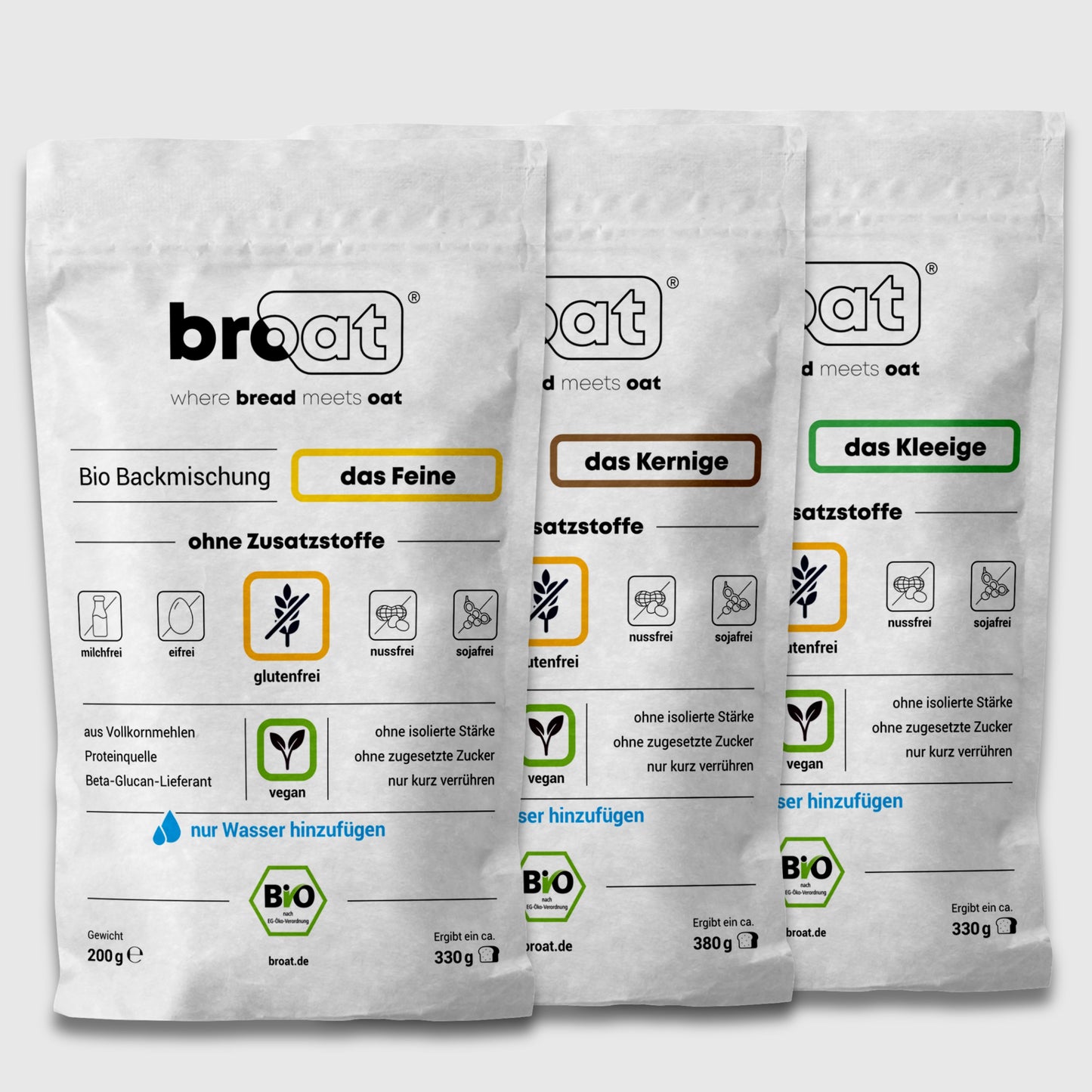 Broat Bio-Brot-Backmischungen Set "das Feine".  "das Kernige" und "das Kleeige", glutenfrei und vegan, ohne Zusatzstoffe