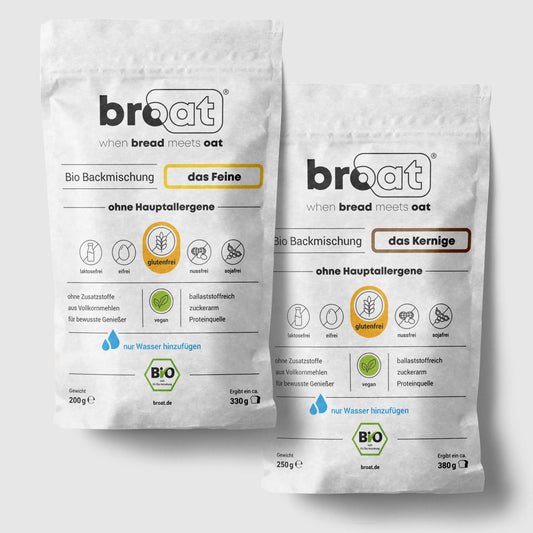 Glutenfreie Bio Backmischung Broat® – perfekt für Brot im Weckglas gebacken, ohne Zusatzstoffe, ballaststoffreich, zuckerarm und ideal für Single-Haushalte. Abgebildet in der Produktverpackung als Taste Pack Set mit 2 Sorten.