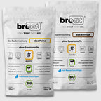 Zwei Packungen der glutenfreien Bio-Backmischungen von broat im Set (Taste Pack). Enthalten sind die Sorten das Feine und das Kernige. Aufdruck: glutenfrei, ohne Zusatzstoffe, vegan und einfach mit Wasser zubereiten