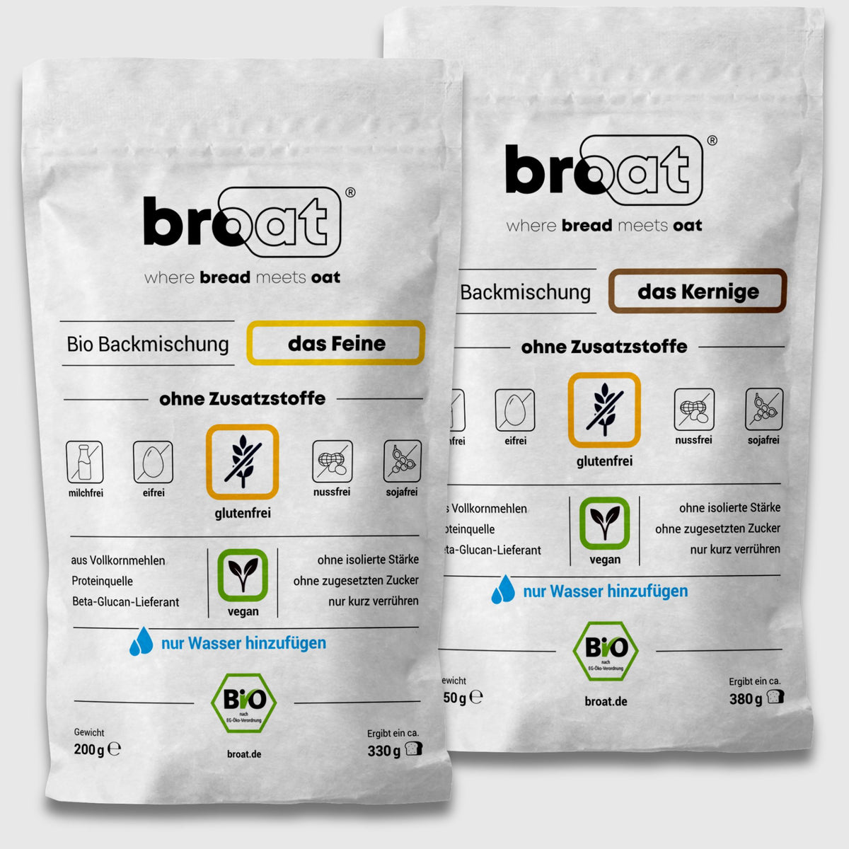 Zwei Packungen der glutenfreien Bio-Backmischungen von broat im Set (Taste Pack). Enthalten sind die Sorten das Feine und das Kernige. Aufdruck: glutenfrei, ohne Zusatzstoffe, vegan und einfach mit Wasser zubereiten