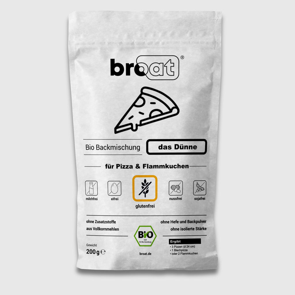 Verpackung der Bio-Backmischung broat Sorte das Dünne für Pizza und Flammkuchen. Aufdruck: glutenfrei, ohne Zusatzstoffe, ohne Hefe und Backpulver, sowie frei von Milch, Ei, Nüssen und Soja