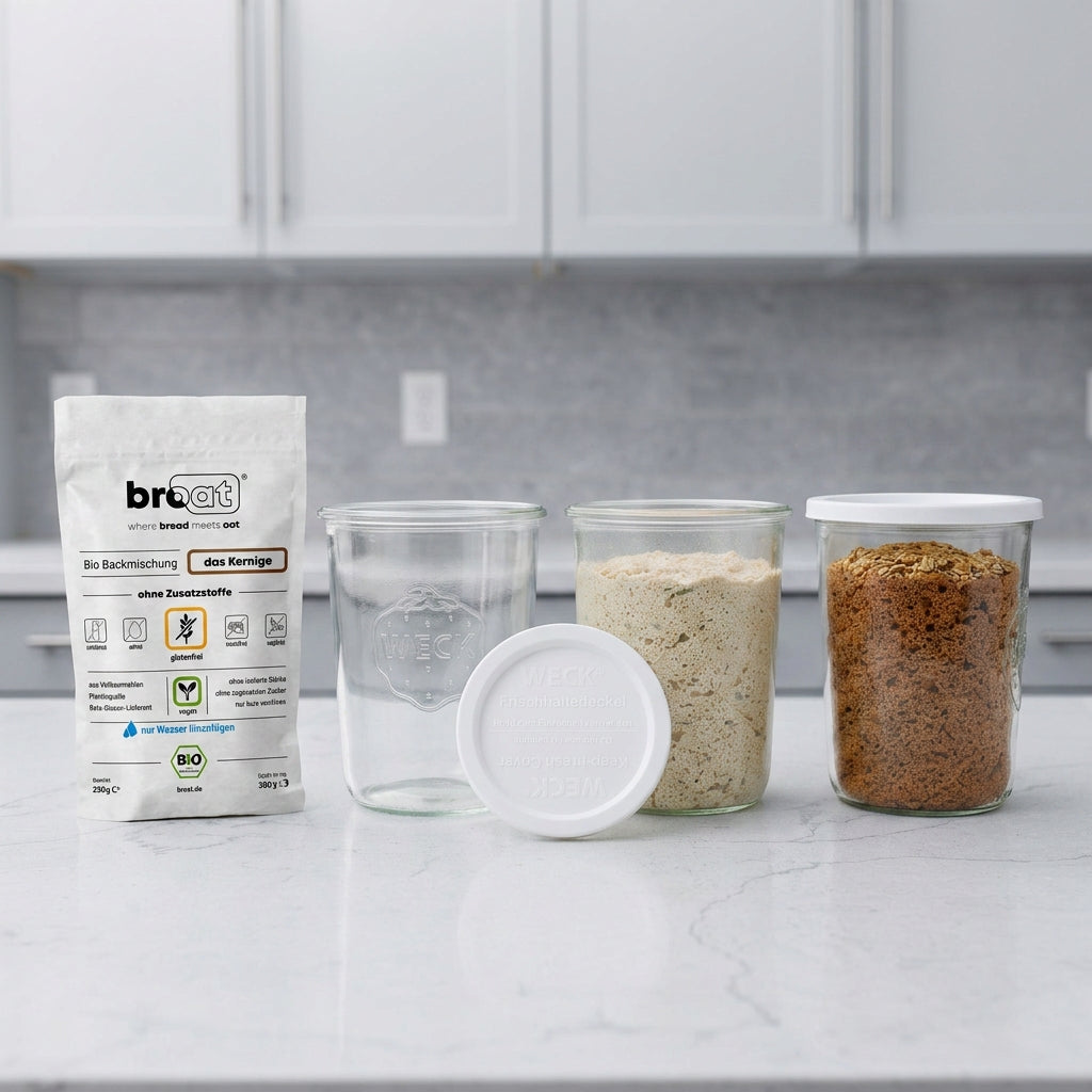 broat Bio-Backmischung das Kernige im Starter-Set mit drei Weckgläsern – gefüllt mit glutenfreier Brotbackmischung ohne Zusatzstoffe, auf Marmoruntergrund