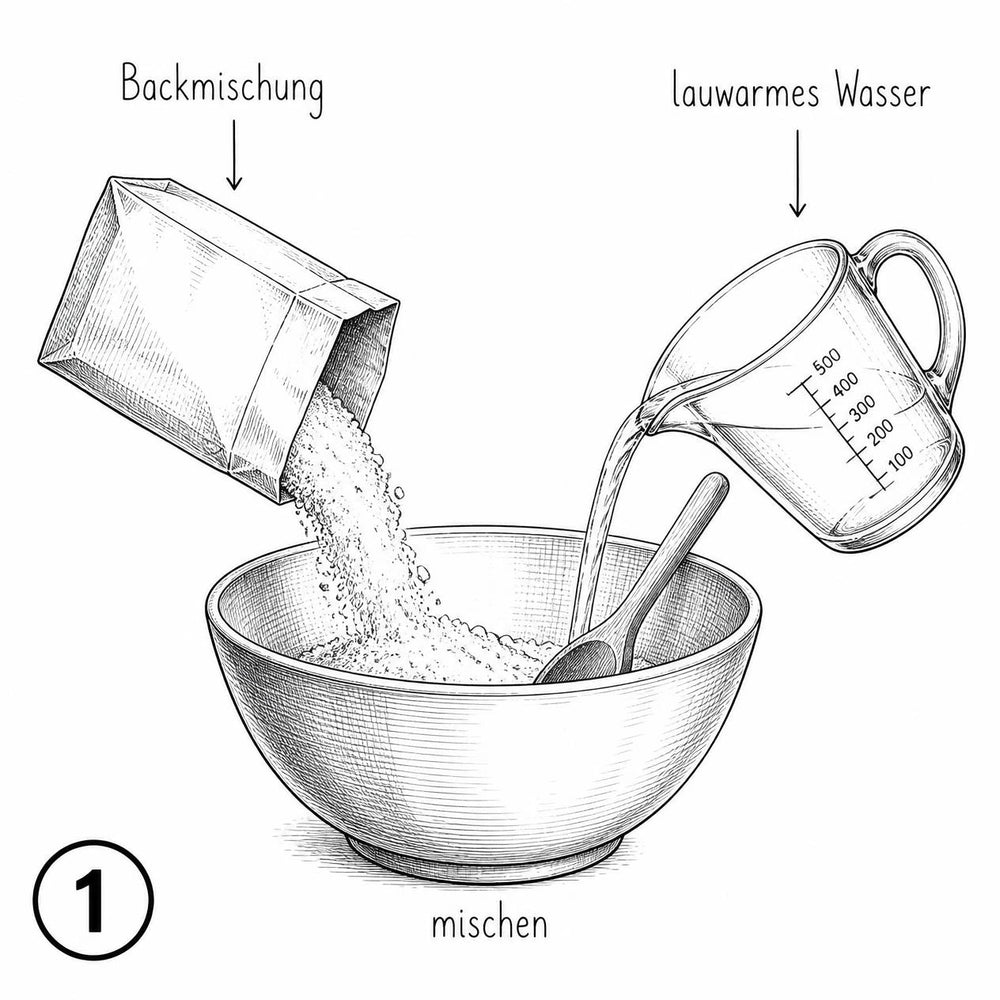 Illustration Schritt 1 der Backanleitung für broat® Pizza. Glutenfreie Pizza.: glutenfreie Bio-Backmischung und lauwarmes Wasser in einer Schüssel mischen