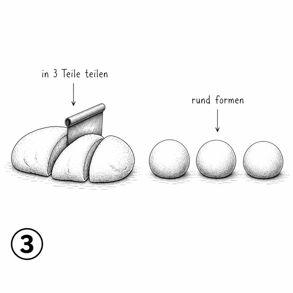 Illustration Schritt 3 der Backanleitung für broat® Pizza. Glutenfreie Pizza.: glutenfreien Pizzateig in 3 Teile teilen und zu runden Teiglingen formen