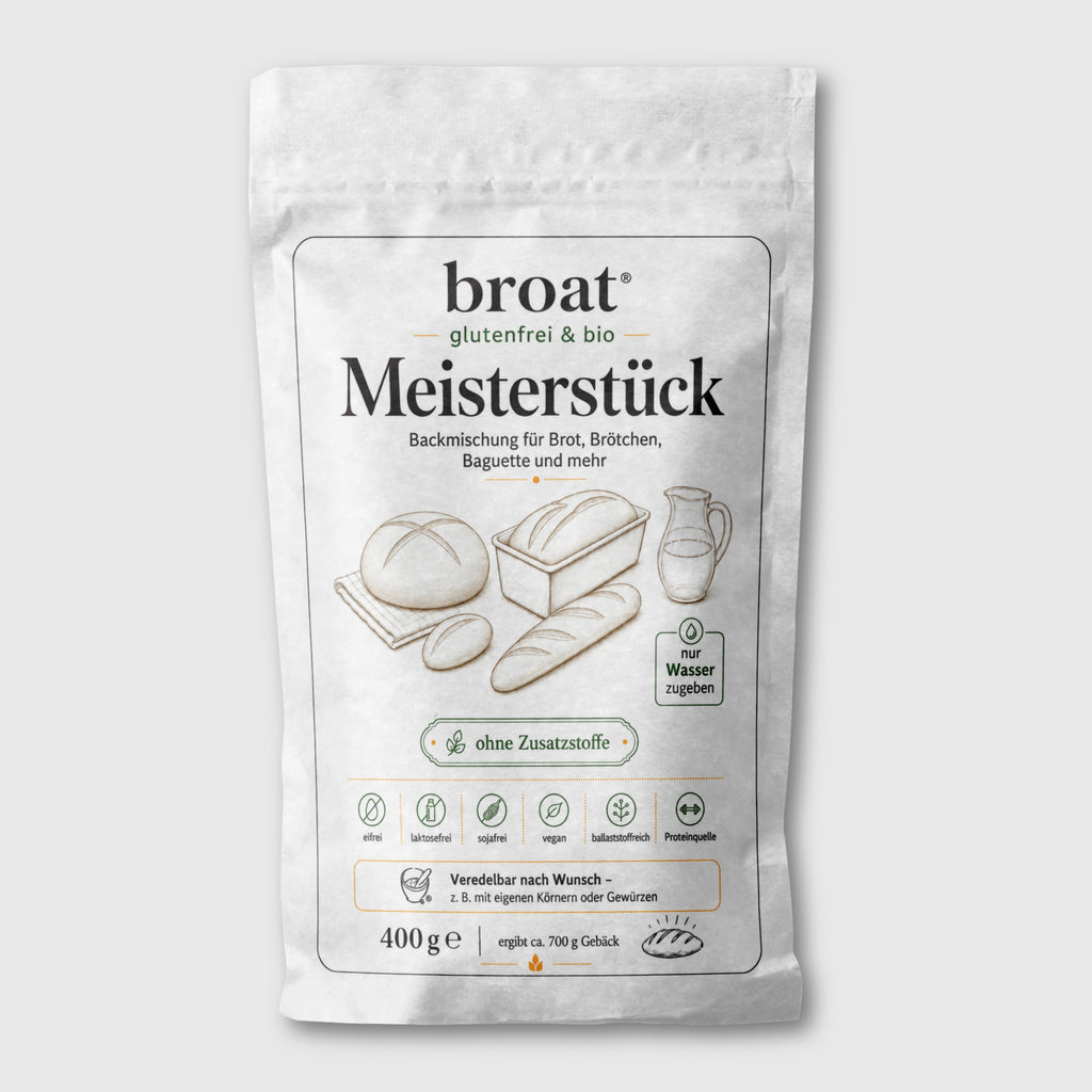 broat® Meisterstück – Glutenfreie Bio-Brotbackmischung in weißer Verpackung, ohne Gluten, Laktose und Zusatzstoffe, für Kastenform, Baguette und Brötchen