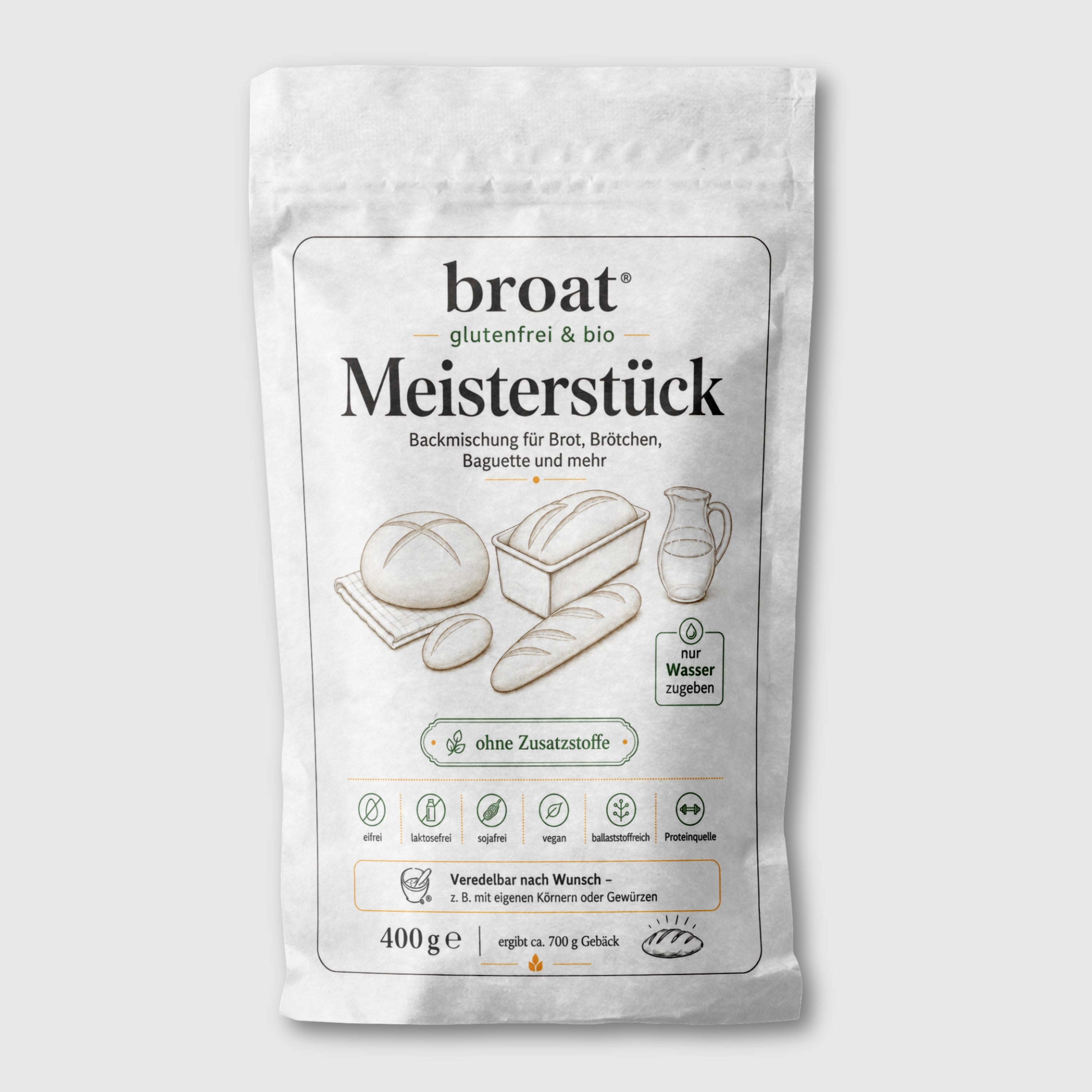 broat® Meisterstück – Glutenfreie Bio-Brotbackmischung in weißer Verpackung, ohne Gluten, Laktose und Zusatzstoffe, für Kastenform, Baguette und Brötchen