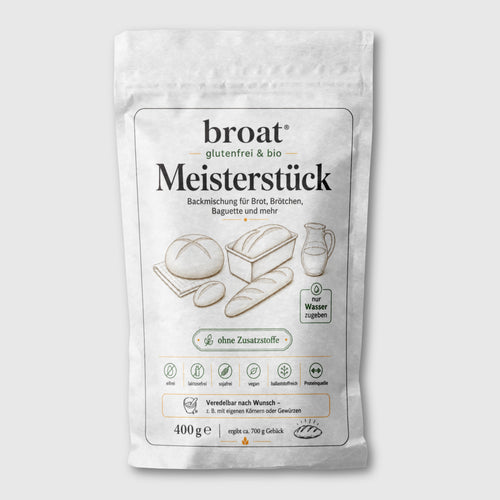 broat® Meisterstück – Glutenfreie Bio-Brotbackmischung in weißer Verpackung, ohne Gluten, Laktose und Zusatzstoffe, für Kastenform, Baguette und Brötchen