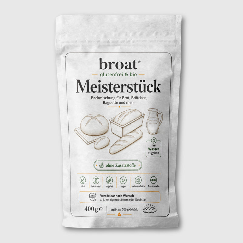 broat® Meisterstück – Glutenfreie Bio-Brotbackmischung in weißer Verpackung, ohne Gluten, Laktose und Zusatzstoffe, für Kastenform, Baguette und Brötchen