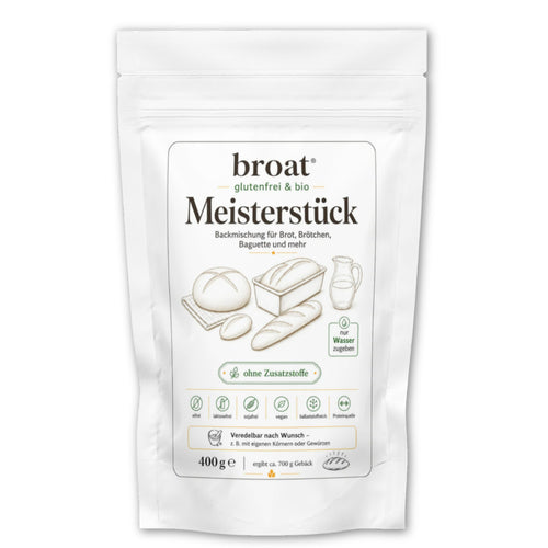 broat® Meisterstück – Glutenfreie Bio-Brotbackmischung in weißer Verpackung, ohne Gluten, Laktose und Zusatzstoffe, für Kastenform, Baguette und Brötchen