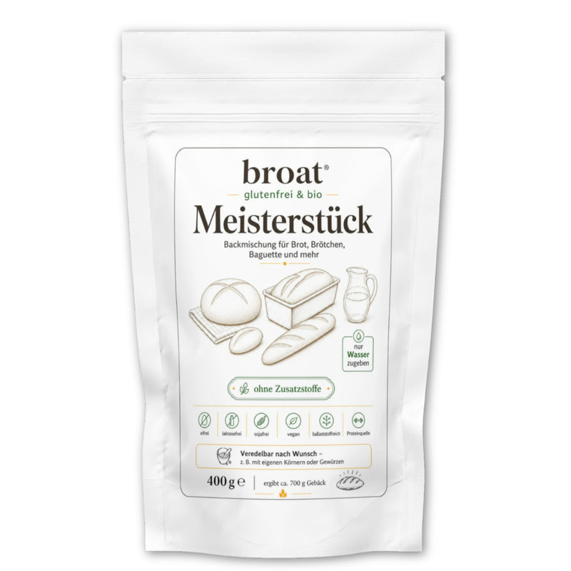 broat® Meisterstück – Glutenfreie Bio-Brotbackmischung in weißer Verpackung, ohne Gluten, Laktose und Zusatzstoffe, für Kastenform, Baguette und Brötchen