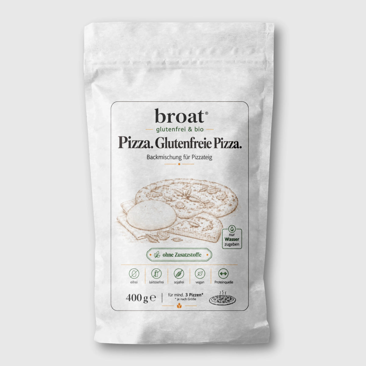Verpackung der broat® Bio-Backmischung Pizza. Glutenfreie Pizza. – glutenfreier Pizzateig mit Hefe, ohne Zusatzstoffe, 400 g