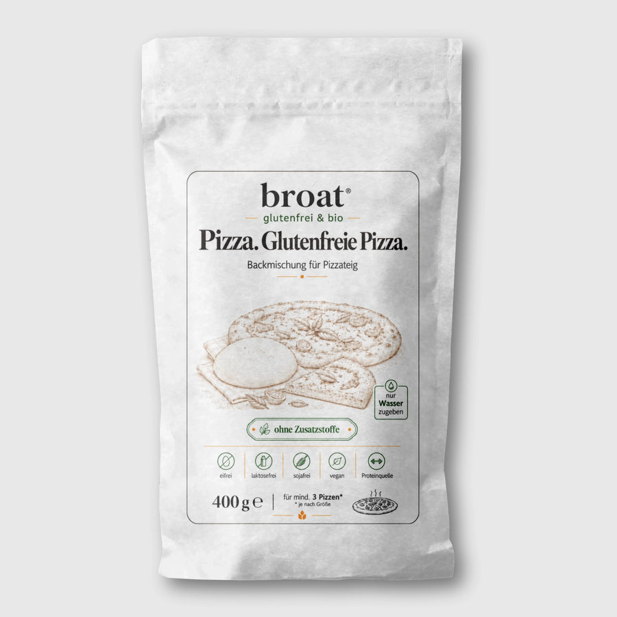 Verpackung der broat® Bio-Backmischung Pizza. Glutenfreie Pizza. – glutenfreier Pizzateig mit Hefe, ohne Zusatzstoffe, 400 g