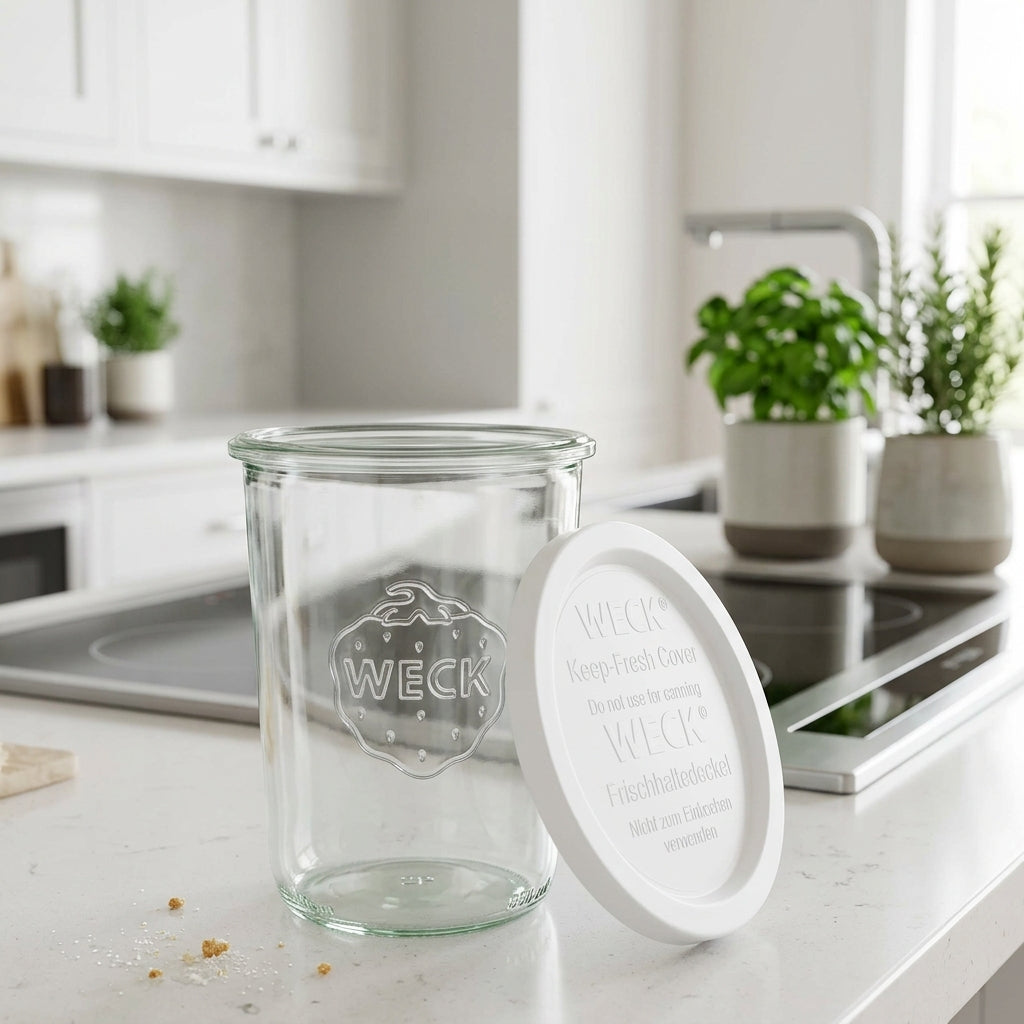 Leeres Weckglas mit weißem Keep-Fresh-Deckel als Teil des broat Starter-Sets – ideal zum Aufbewahren der glutenfreien Brotbackmischung ohne Zusatzstoffe