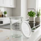 Leeres Weckglas mit weißem Keep-Fresh-Deckel als Teil des broat Starter-Sets – ideal zum Aufbewahren der glutenfreien Brotbackmischung ohne Zusatzstoffe