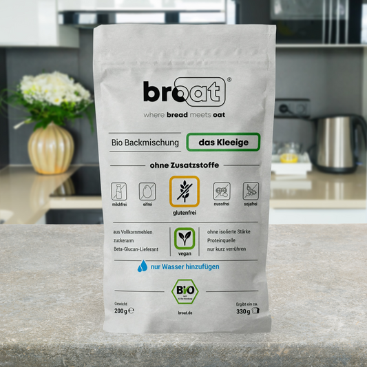 Glutenfreie Bio Backmischung Broat® – perfekt für Brot im Weckglas gebacken, ohne Zusatzstoffe, ballaststoffreich, zuckerarm und ideal für Single-Haushalte. Abgebildet in der Produktverpackung als das Kleeige