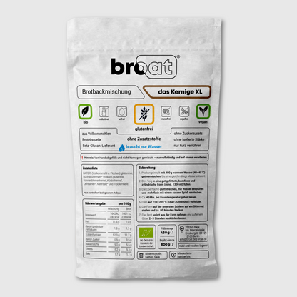 Glutenfreie Bio Backmischung Broat® – perfekt für Brot im Doses gebacken, ohne Zusatzstoffe, ballaststoffreich, zuckerarm und ideal für Single-Haushalte. Abgebildet in der Produktverpackung als das Kernige XL