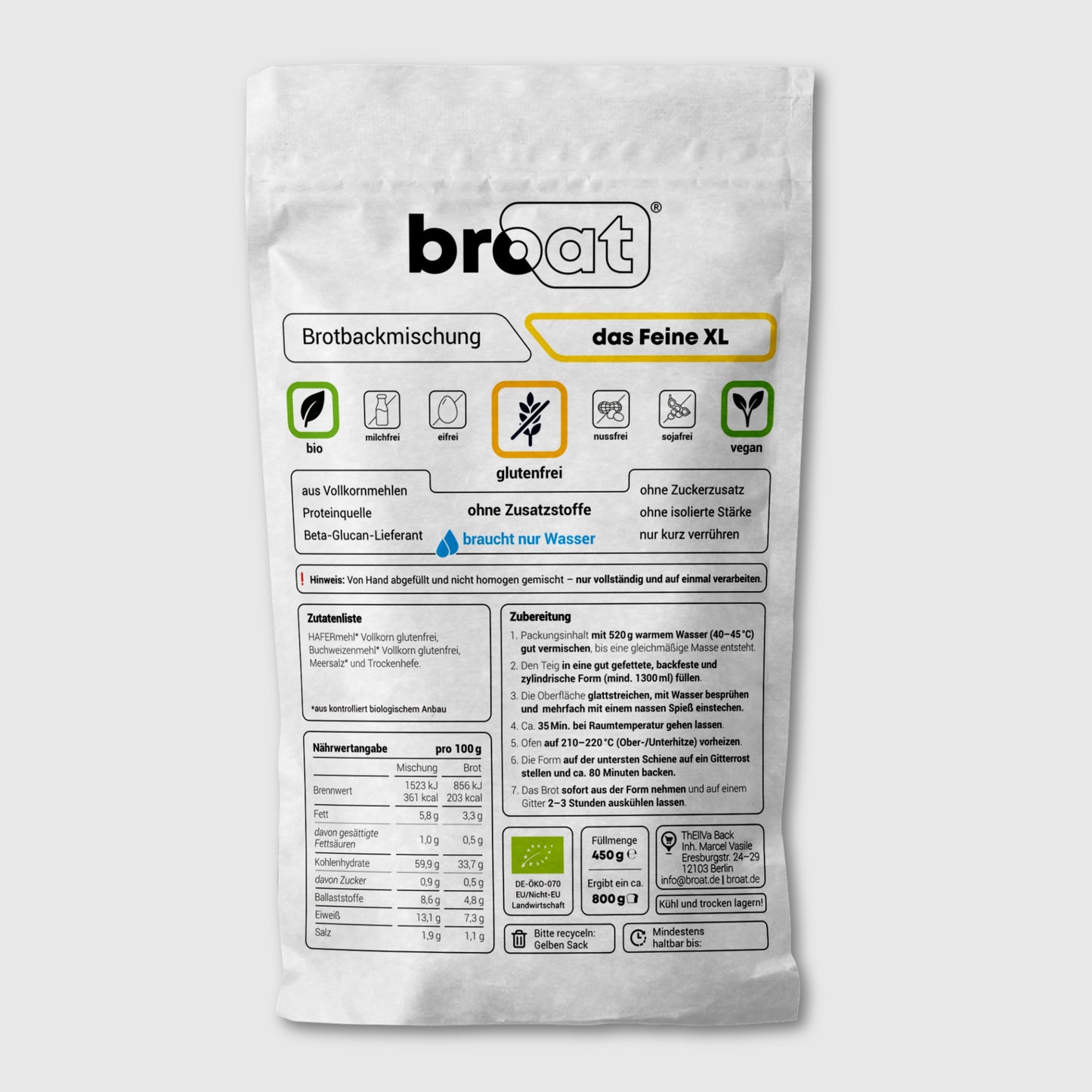 Glutenfreie Bio Backmischung Broat® – perfekt für Brot im Dose gebacken, ohne Zusatzstoffe, ballaststoffreich, zuckerarm und ideal für Single-Haushalte. Abgebildet in der Produktverpackung als das Kleeige XL