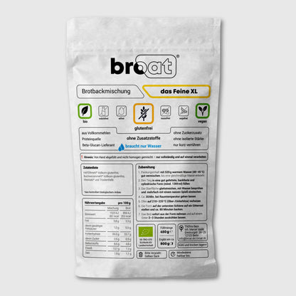 Glutenfreie Bio Backmischung Broat® – perfekt für Brot im Dose gebacken, ohne Zusatzstoffe, ballaststoffreich, zuckerarm und ideal für Single-Haushalte. Abgebildet in der Produktverpackung als das Kleeige XL