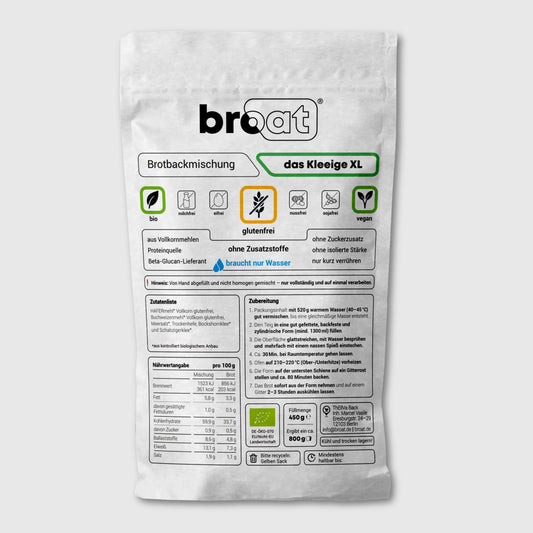 Glutenfreie Bio Backmischung Broat® – perfekt für Brot im Dose gebacken, ohne Zusatzstoffe, ballaststoffreich, zuckerarm und ideal für Single-Haushalte. Abgebildet in der Produktverpackung als das Kleeige XL