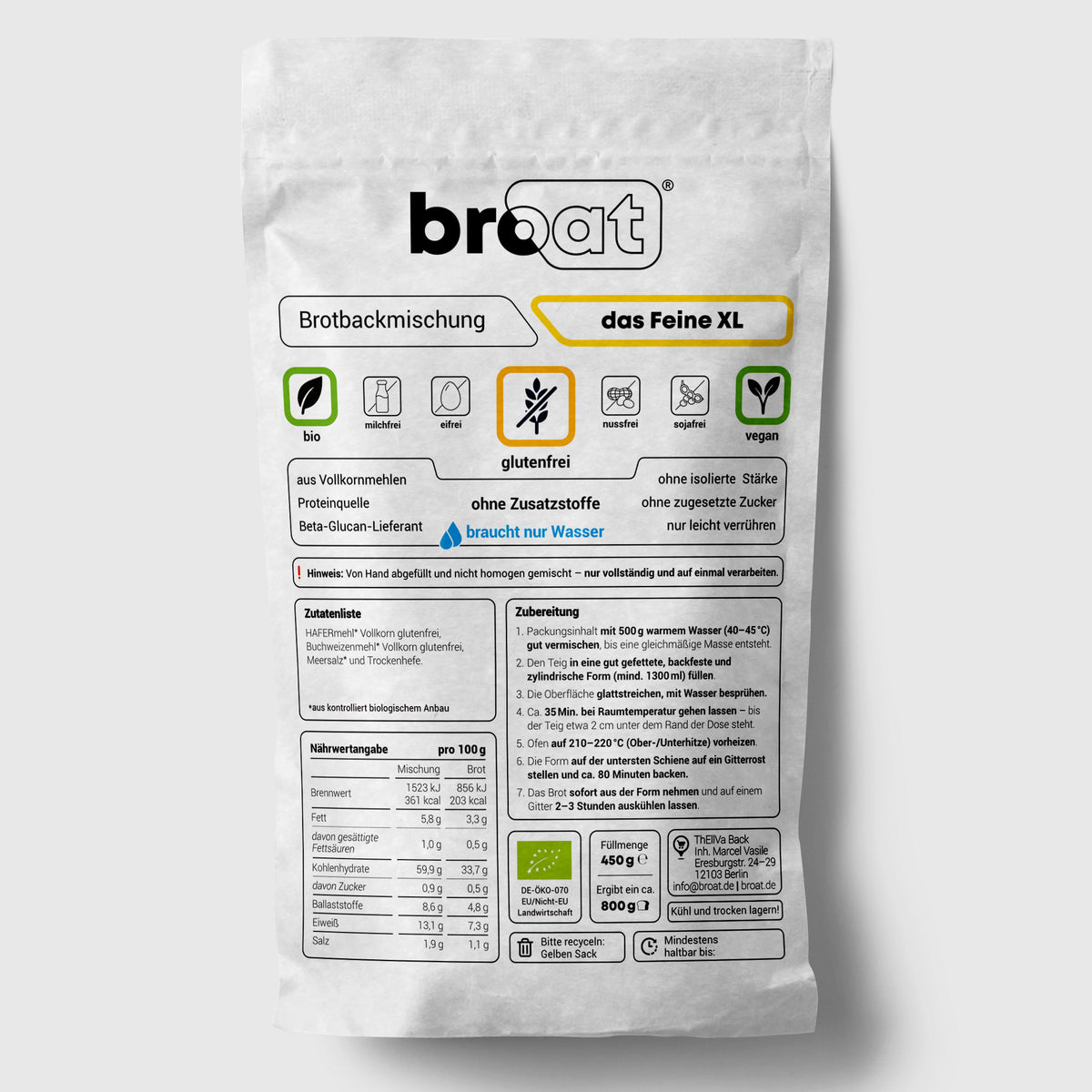 Broat Bio-Brot-Backmischung "das Feine XL", glutenfrei, vegan, ohne Zusatzstoffe, 450g Packung