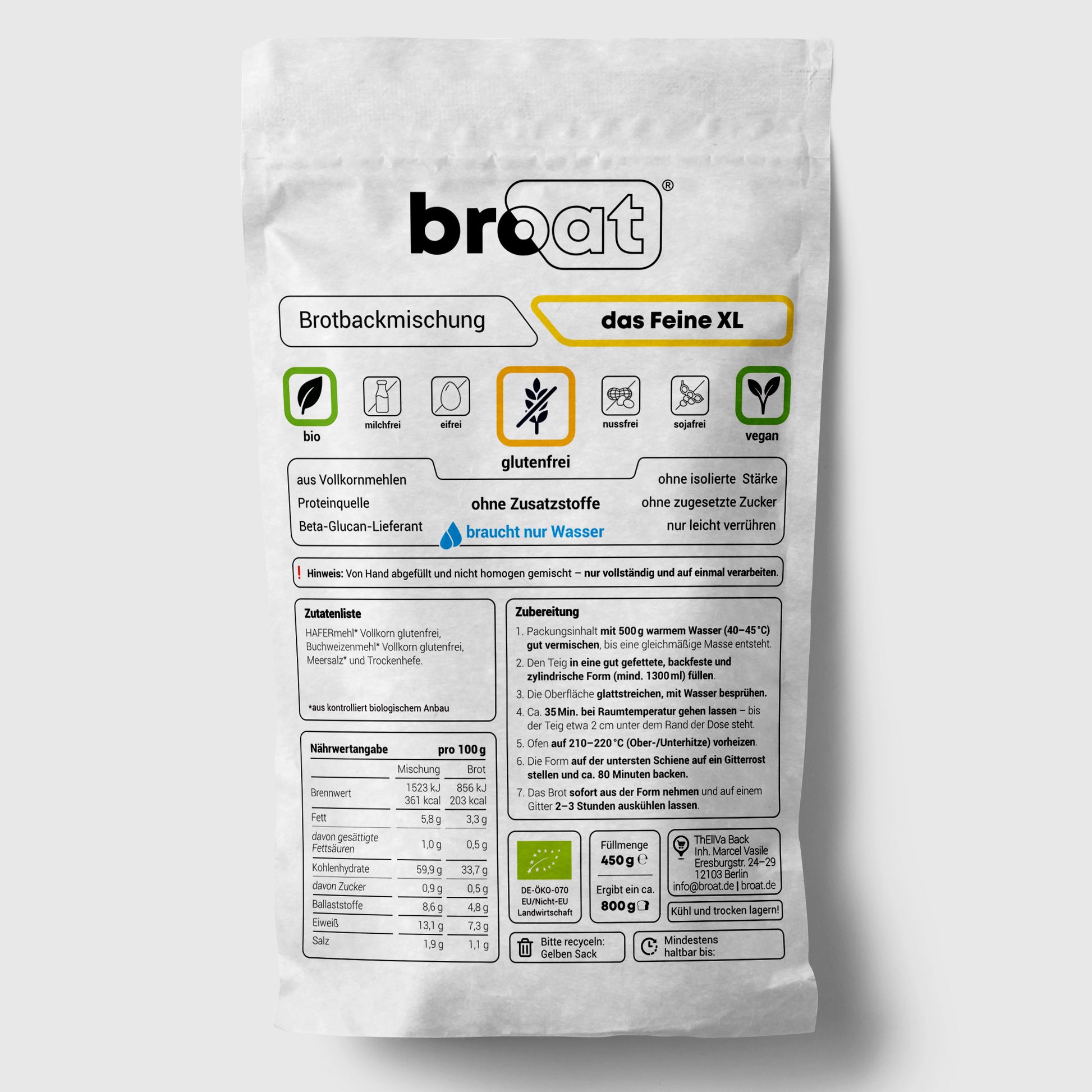 Broat Bio-Brot-Backmischung "das Feine XL", glutenfrei, vegan, ohne Zusatzstoffe, 450g Packung