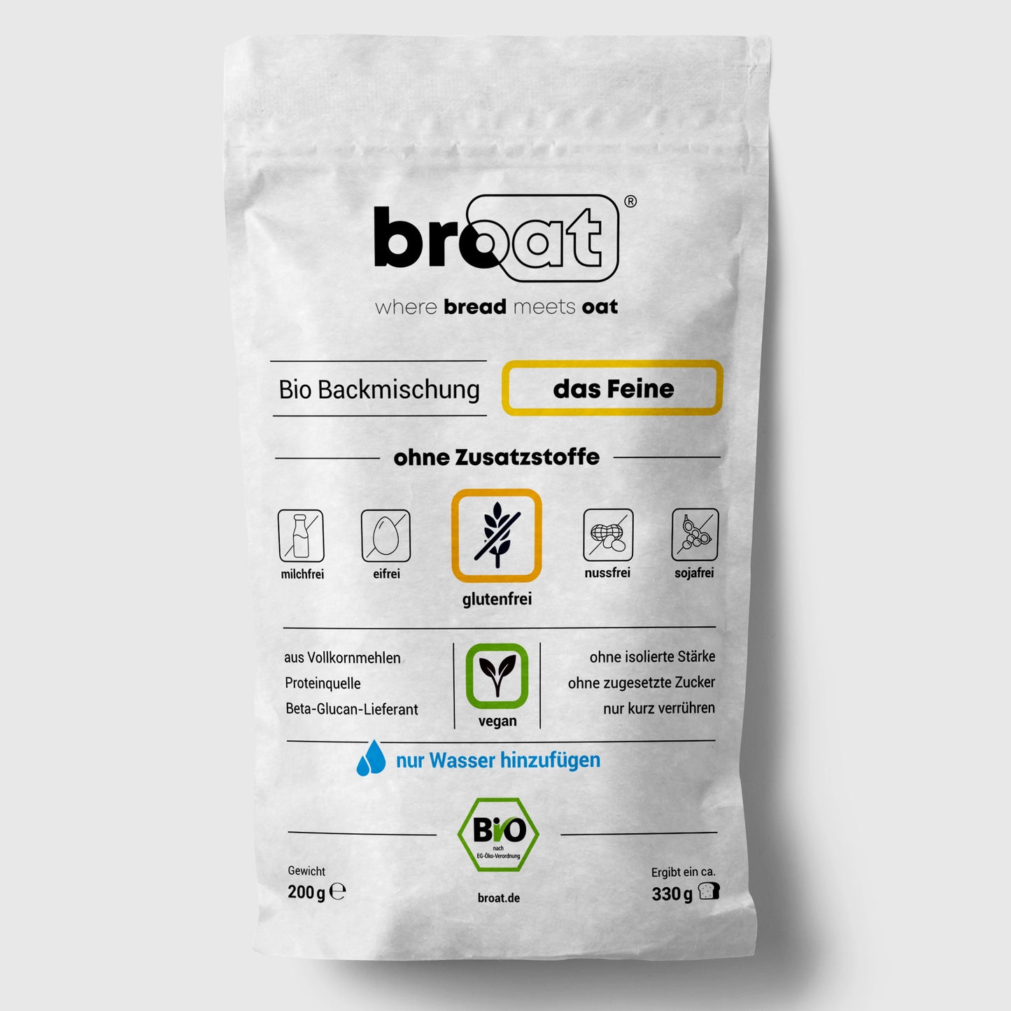 Broat Bio-Brot-Backmischung "das Feine", glutenfrei, vegan, ohne Zusatzstoffe, 200g Packung
