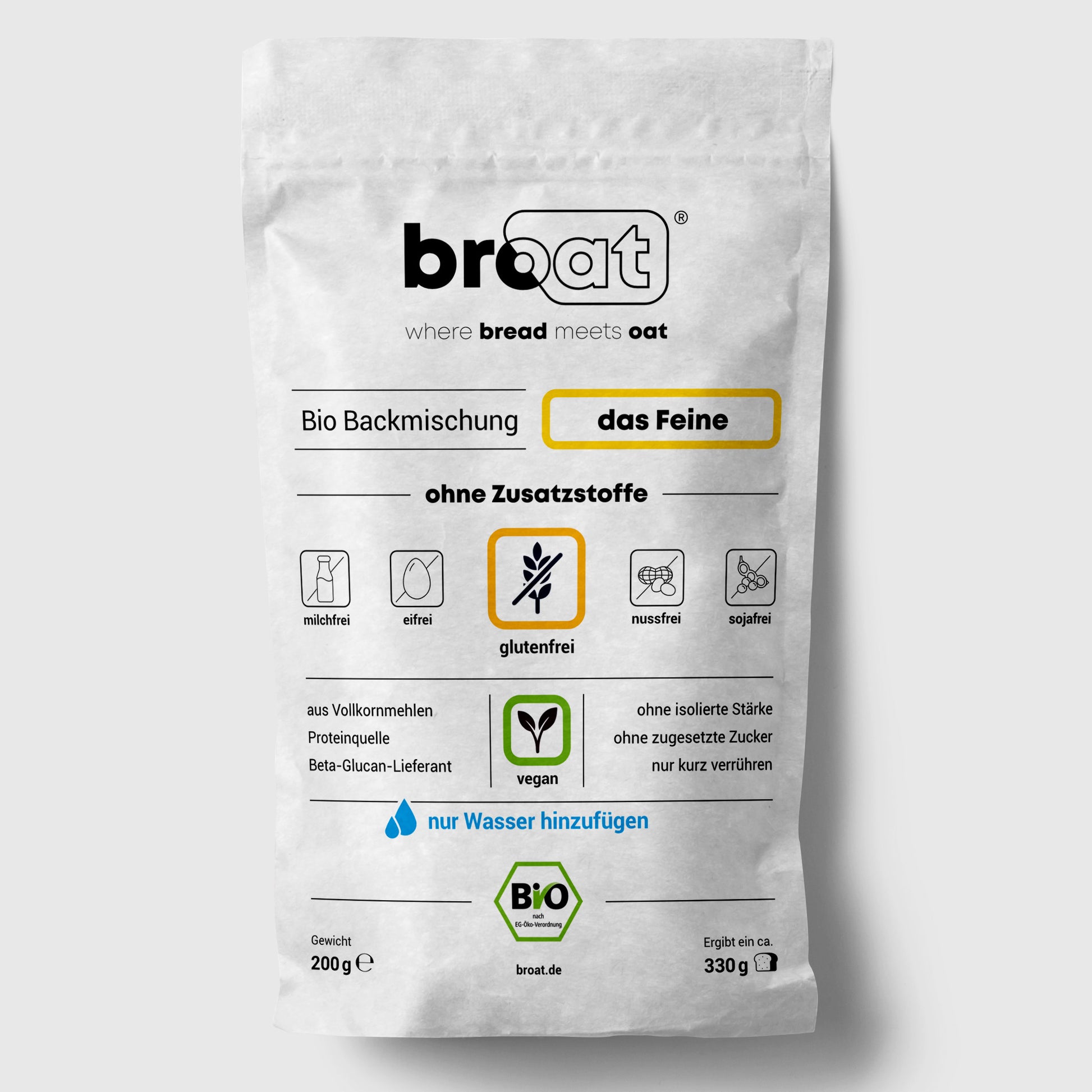 Broat Bio-Brot-Backmischung "das Feine", glutenfrei, vegan, ohne Zusatzstoffe, 200g Packung