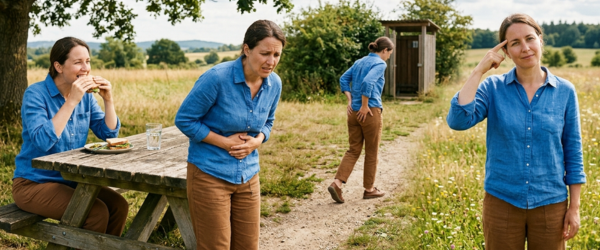 Dreiteilige Bildmontage einer Frau im Freien mit Bauchbeschwerden nach dem Essen – veranschaulicht Glutenunverträglichkeit und warum glutenfreie Backmischungen wie broat sinnvoll sind