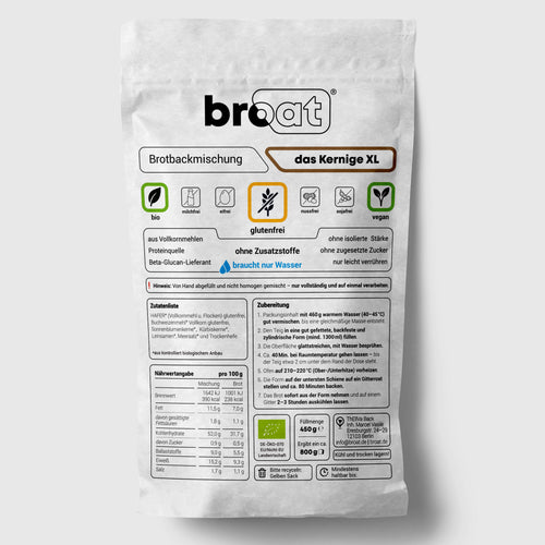 Broat Bio-Brot-Backmischung "das Kernige XL", glutenfrei, vegan, ohne Zusatzstoffe, 500g Packung