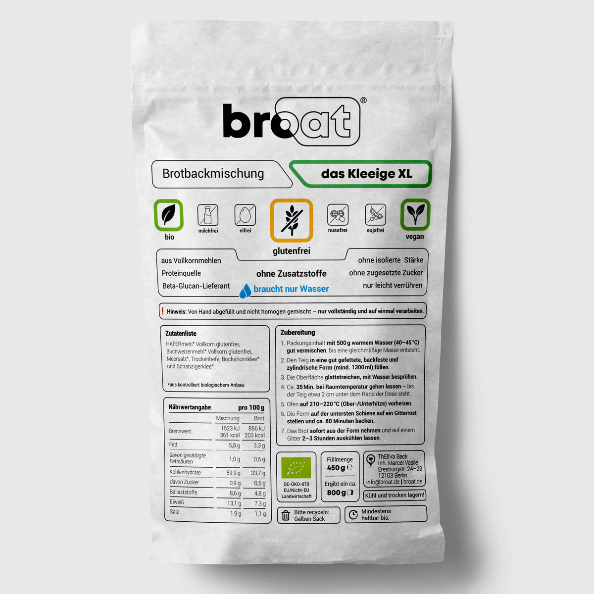 Broat Bio-Brot-Backmischung "das Kleeige XL", glutenfrei, vegan, ohne Zusatzstoffe, 450g Packung